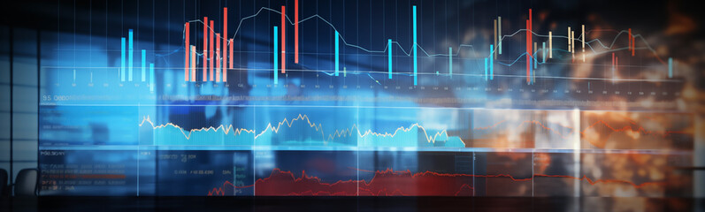 Banner featuring financial graphs and data analysis over a dynamic business background - obrazy, fototapety, plakaty