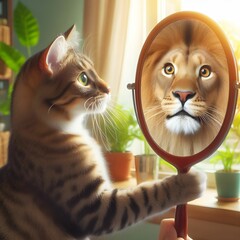 Cat looking at his reflection in a mirror and seeing a lion.