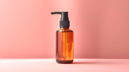 Bottle of capsule shape with serum on peach background. Skin care products. Design Cosmetics Product