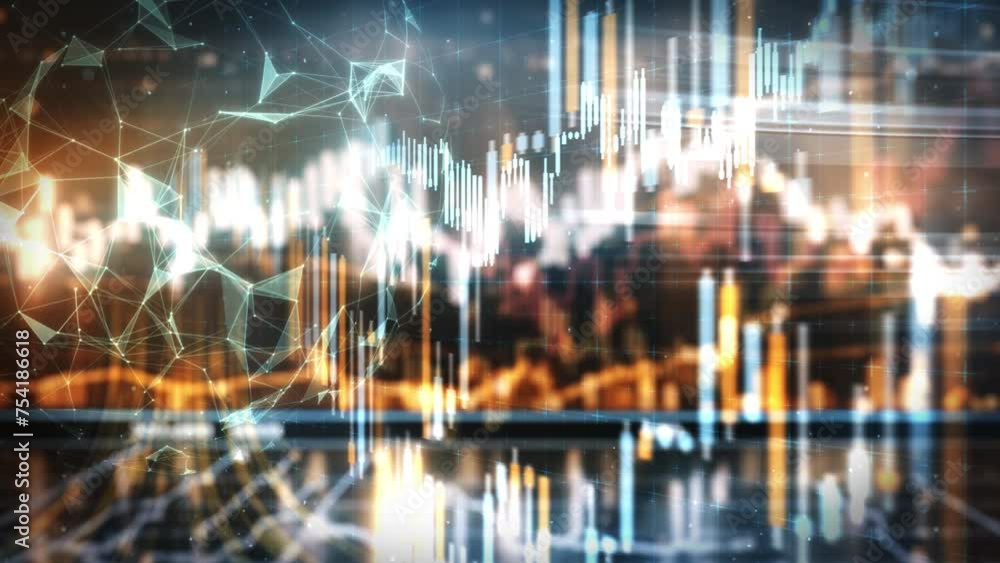 Poster within the digital realm, there is an abstract flow of stock exchange data.