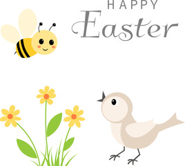 Happy Easter vector card. Sparrow, bee and flower. Spring card. Postcard with spring flowers.