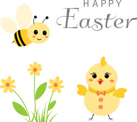 Happy Easter vector card. Little chicken, bee and flower. Spring card. Postcard with spring flowers.
