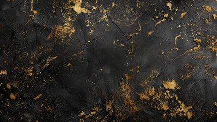 Beautiful grunge black gold background. Panoramic abstract decorative dark background. Wide angle rough stylish mystic texture wallpaper with copy space for design - generative ai - obrazy, fototapety, plakaty