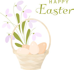 Happy Easter vector card. Delicate spring flowers and a basket of eggs. Spring card. Postcard with spring flowers.