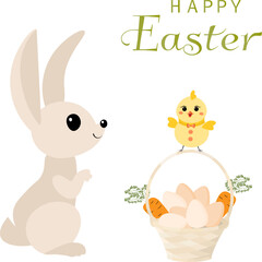 Happy Easter vector card. A rabbit, a small chicken and a basket with carrots and eggs. Spring card. Postcard ,
