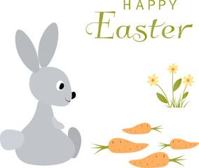 Obraz na płótnie Canvas Happy Easter vector card. Rabbit, carrot and flower. Spring card. Postcard with spring flowers.