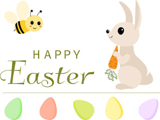 Obraz na płótnie Canvas Happy Easter vector card. Multi-colored eggs, rabbit and bee. Spring card. Postcard,