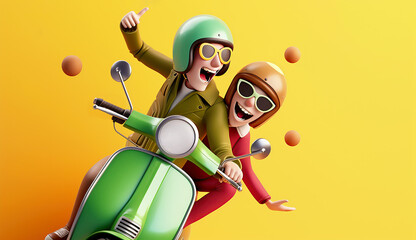 Vibrant 3D Render Cartoon Illustration of a Joyful Ride Together on a
