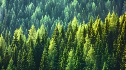 Healthy green trees in a forest of old spruce, fir and pine trees in wilderness of a national park. Sustainable industry, ecosystem and healthy environment concepts and background. - obrazy, fototapety, plakaty