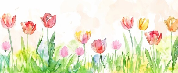 Soft Watercolor Tulips Field Spring Banner