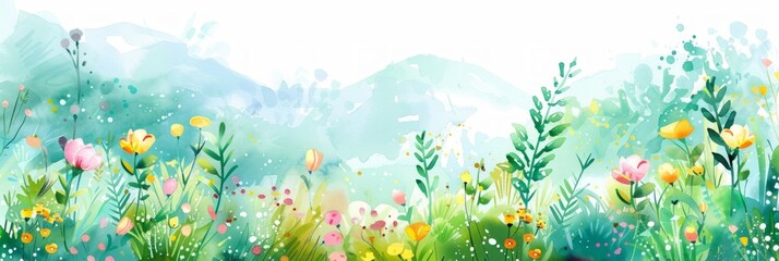 Fototapeta na wymiar Vibrant Spring Flower Field Watercolor Banner