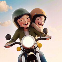 Cartoon style 3D render of a charming couple riding a motorcycle together, exuding joy and adventure
