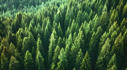 Healthy green trees in a forest of old spruce, fir and pine trees in wilderness of a national park. Sustainable industry, ecosystem and healthy environment concepts and background. - obrazy, fototapety, plakaty