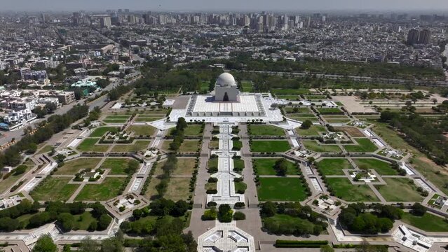Aerial drone footage of Mazar-e-Quaid also known as tomb of Quaid-e-Azam, landmarks of Karachi Pakistan, sightseeing