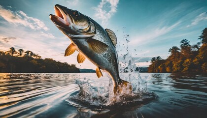 High-quality photo . Large mouth bass jumping out of the water. front view  - obrazy, fototapety, plakaty