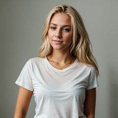 Fototapeta premium Young woman with blonde hair and blue eyes in white shirt 