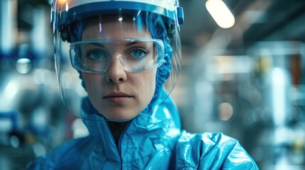 Female worker wearing protective clothing while operating equipment in modern chemical factory - obrazy, fototapety, plakaty