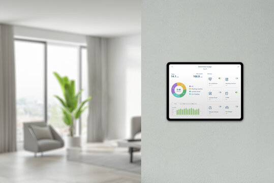 Tablet displays energy consumption and device analysis in home on wall with living room background. Concept of smart home technology