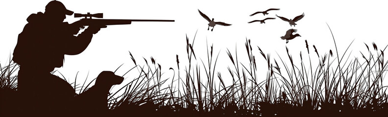 Hunter and dog silhouette aiming his gun at ducks, hunting concept. Isolated on transparent background.