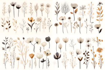 Collection of hand drawn linear various plants and flowers, minimalist illustration