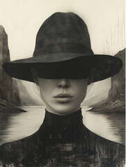 Kobieta w czarnym kapeluszu - obrazy, fototapety, plakaty