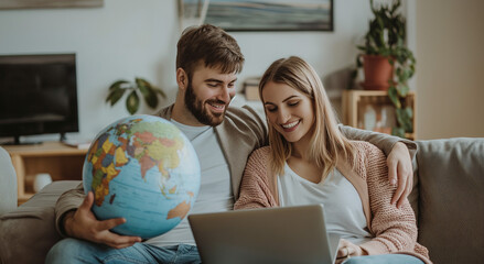 Couple Globe Laptop Planning Vacation Travel