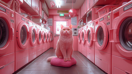 Różowy kot w różowej pralni - obrazy, fototapety, plakaty