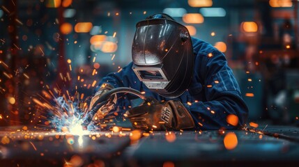 Professional welder at work Maintenance technicians are welding and grinding in their work place in the workshop. Helmets and protective gear were worn as sparks 
