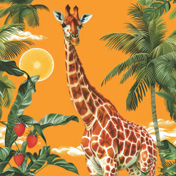 An illustration of a giraffe and tropical plants on an orange background. Summer concept.