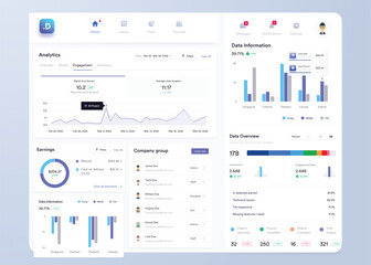UI UX Infographic dashboard. UI design with graphs, charts and diagrams. Web interface template