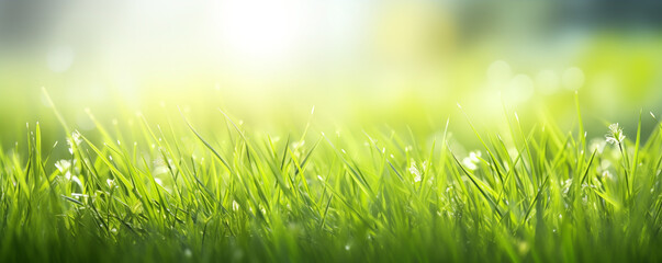 Fresh green grass banner with soft light and dewdrops in morning