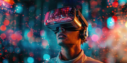 A young man using a VR headset while engaging in his game. Generative Ai