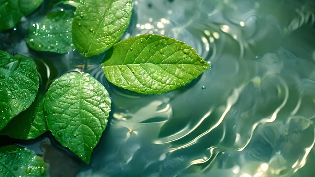 Small leaves of Ficus Benjamin lie on rippled transparent fresh green blue calm water gel with flecks, waves, shadow. Concentric expanding. green mint leaf 4k video nature