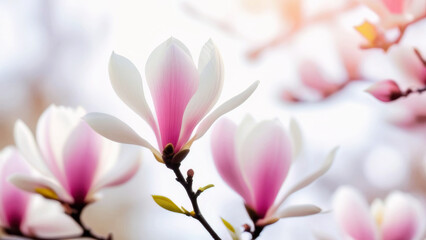 Blooming magnolias of soft pink and white color, close-up, blurred light background.