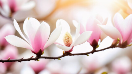 Banner magnolia branch with soft pink and white flowers on a blurred light background of flowers.