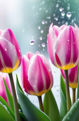 Bright pink and white striped tulips on a glass background with blurred backgrounds with drops of water.