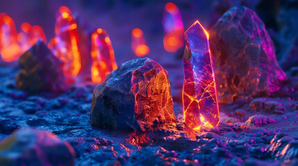 High definition macro shots of neon stone tools crafted by a cartoon secret society bracing for an alien invasion during a transition era - obrazy, fototapety, plakaty