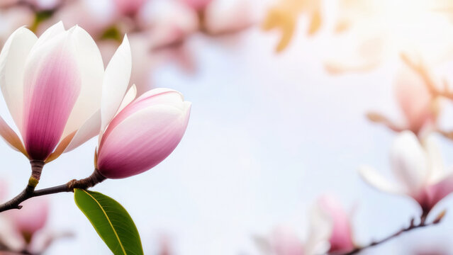 Close-up of magnolia flower, banner, space for text. Spring, light shades.