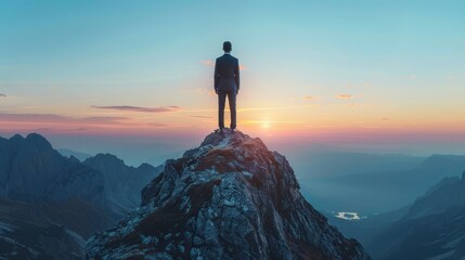 Successful Business man standing on the top of the mountain looking at the view. Business success concept