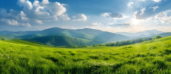 Scenic Mountain Landscape Wallpaper with Green Meadow and Blue Sky