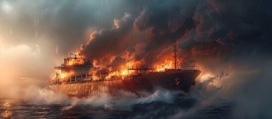 Ship Ablaze in a Post-Apocalyptic Ocean A Hauntingly Beautiful Illustration