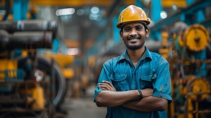Smiling Indian Factory Worker, To convey a message of safety, dedication, and productivity in the modern Indian industrial sector - obrazy, fototapety, plakaty