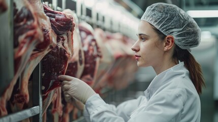 A young female worker in a meat processing factory is inspecting fresh raw meat hanging in a cold room. Check the temperature of the beef carcass. - obrazy, fototapety, plakaty