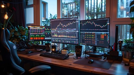Trader Focused on Multiple Monitor Screens in a Modern Office - obrazy, fototapety, plakaty
