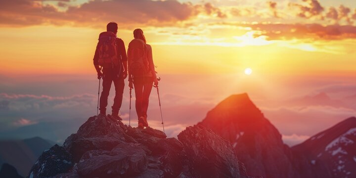 A man and woman hiking together atop a mountain. Generative Ai
