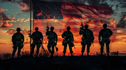United States Army Soldiers with Flag during Sunset, Versatile image for Veterans Day or patriotic themes, suitable for marketing materials, - obrazy, fototapety, plakaty
