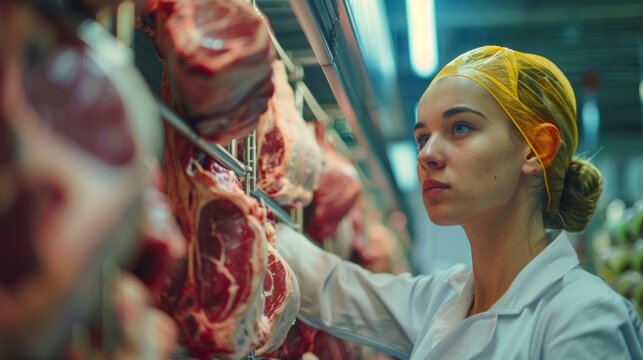 A young female worker in a meat processing factory is inspecting fresh raw meat hanging in a cold room. Check the temperature of the beef carcass.