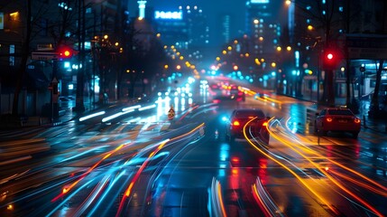 Fototapeta na wymiar Vibrant Nighttime City Street with Cars, To provide a striking and modern image of cars on a city street at night, suitable for technology,