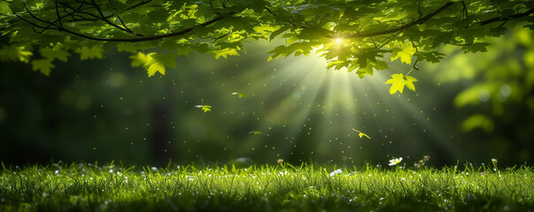Serene nature banner with vibrant green foliage and radiant sunlight