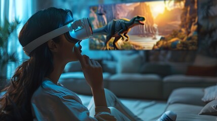 Woman Immersed in Virtual Reality Movie Experience